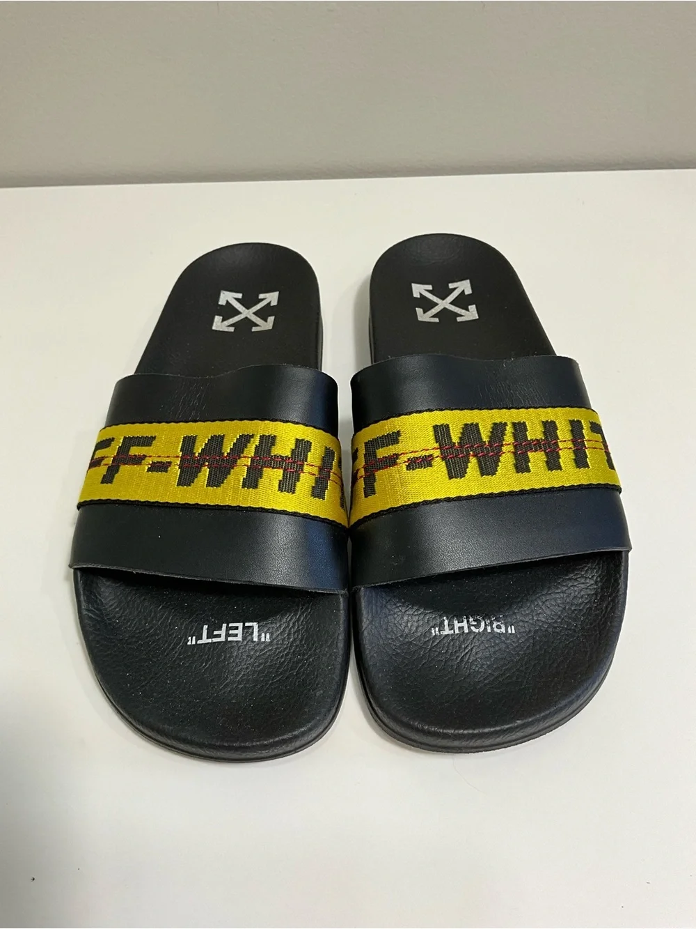 OFF-WHITE Industrial Belt Slides Black Yellow Logo Sandals EU 41 Virgil Abloh